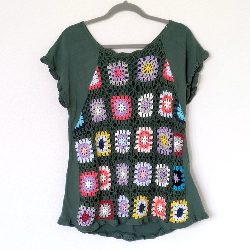 Umgee Crochet Top Granny Square‎ Boho Linen Blend in Green